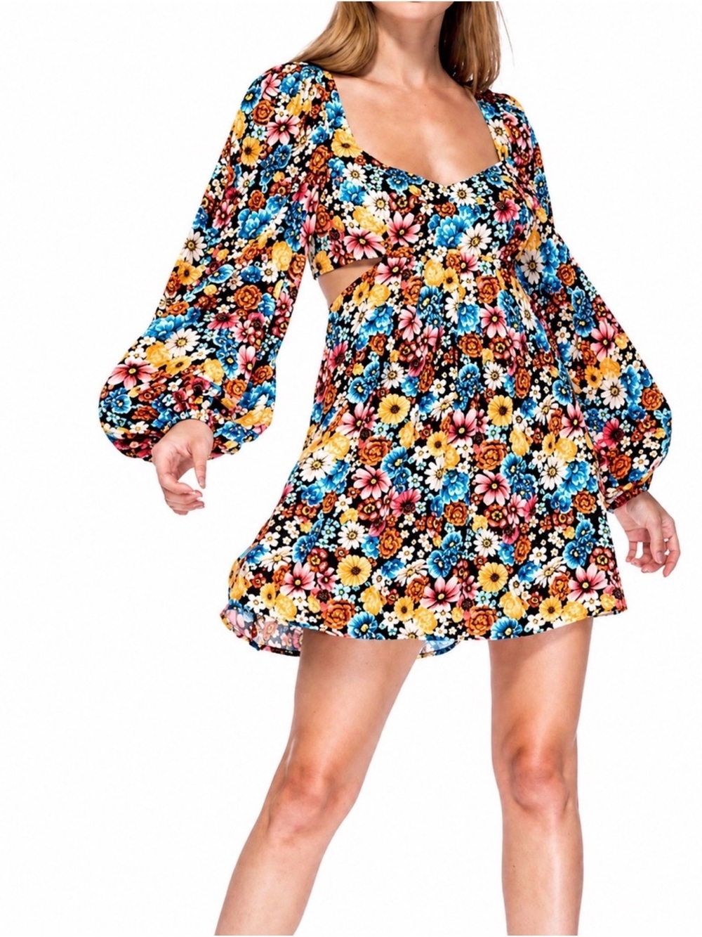 AFRM x Revolve Monna Sike Floral Cutout Mini Dress Large NWT Long Sleeve Dress